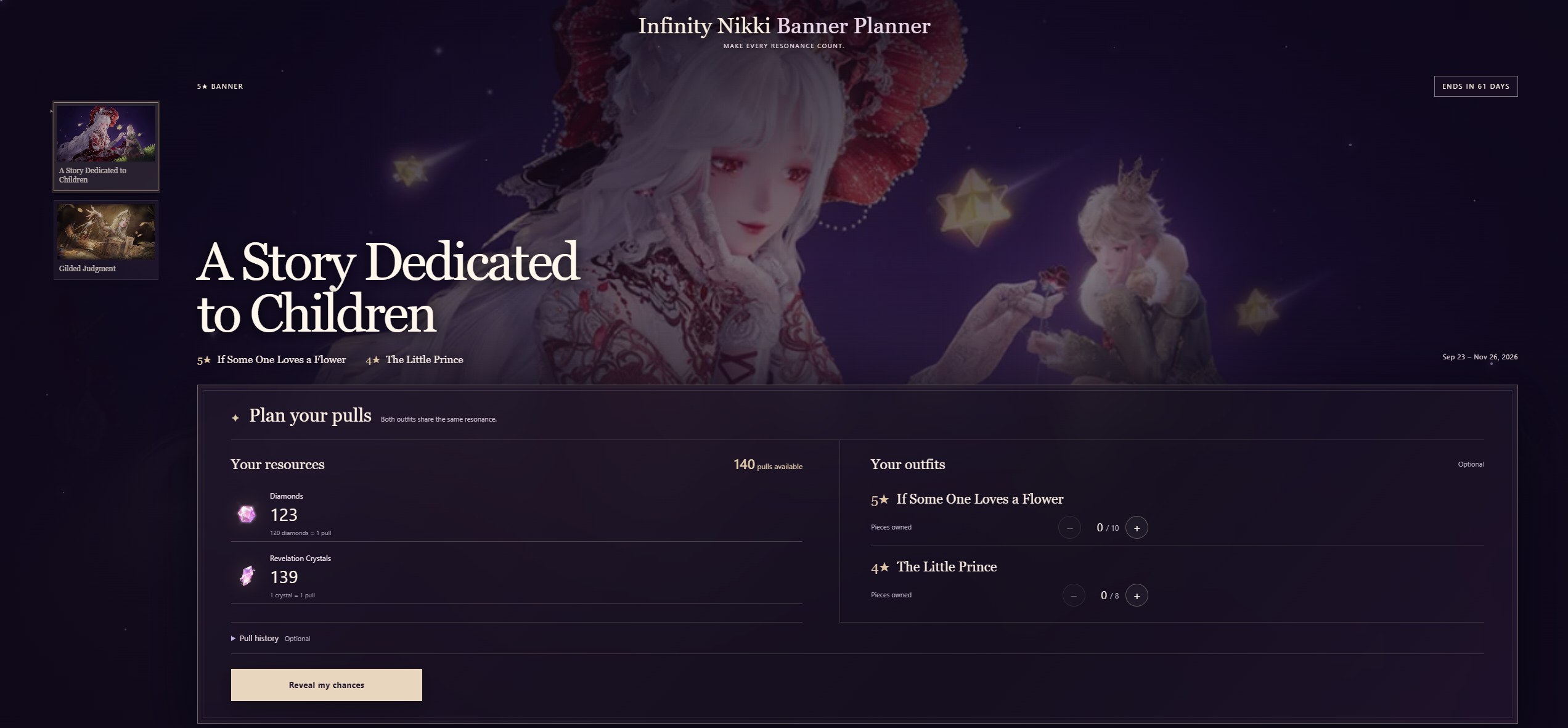 Infinity Nikki Banner Planner showing banner selection, Diamonds and Crystals, and owned outfit pieces